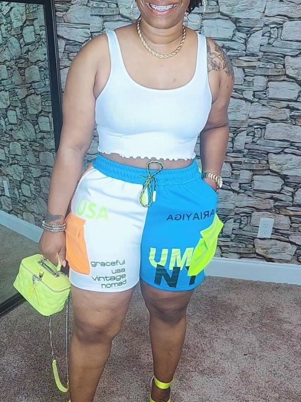 Colorblock Graphic Drawstring Women’s Shorts - Blue, White & Neon Accents